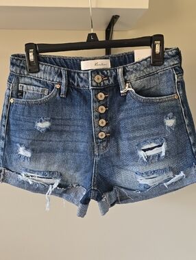 KanCan Distressed High-Rise Denim Shorts - Medium Blue